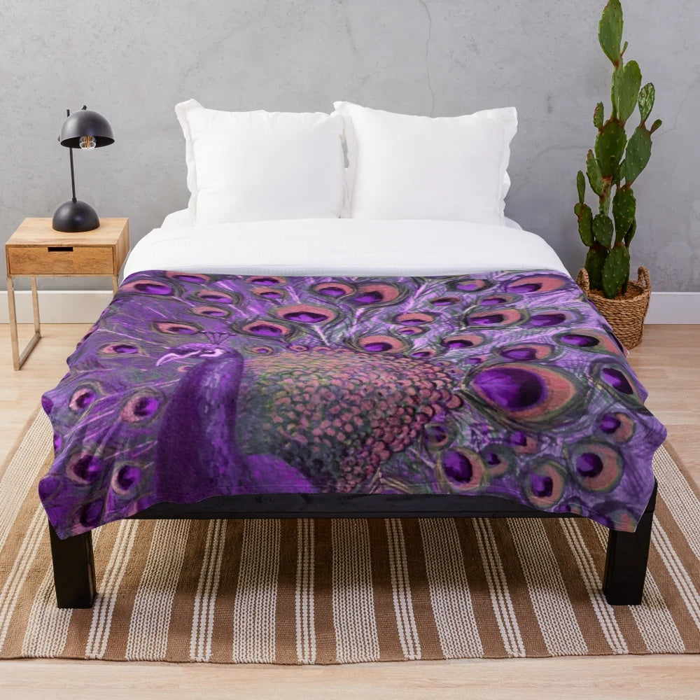 Vibrant purple and gold peacock plush blanket with iridescent feather design