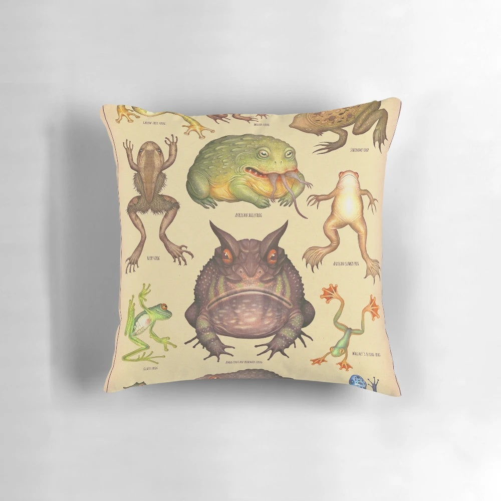 Watercolor painting of a unique and endangered frog species on a decorative throw pillow