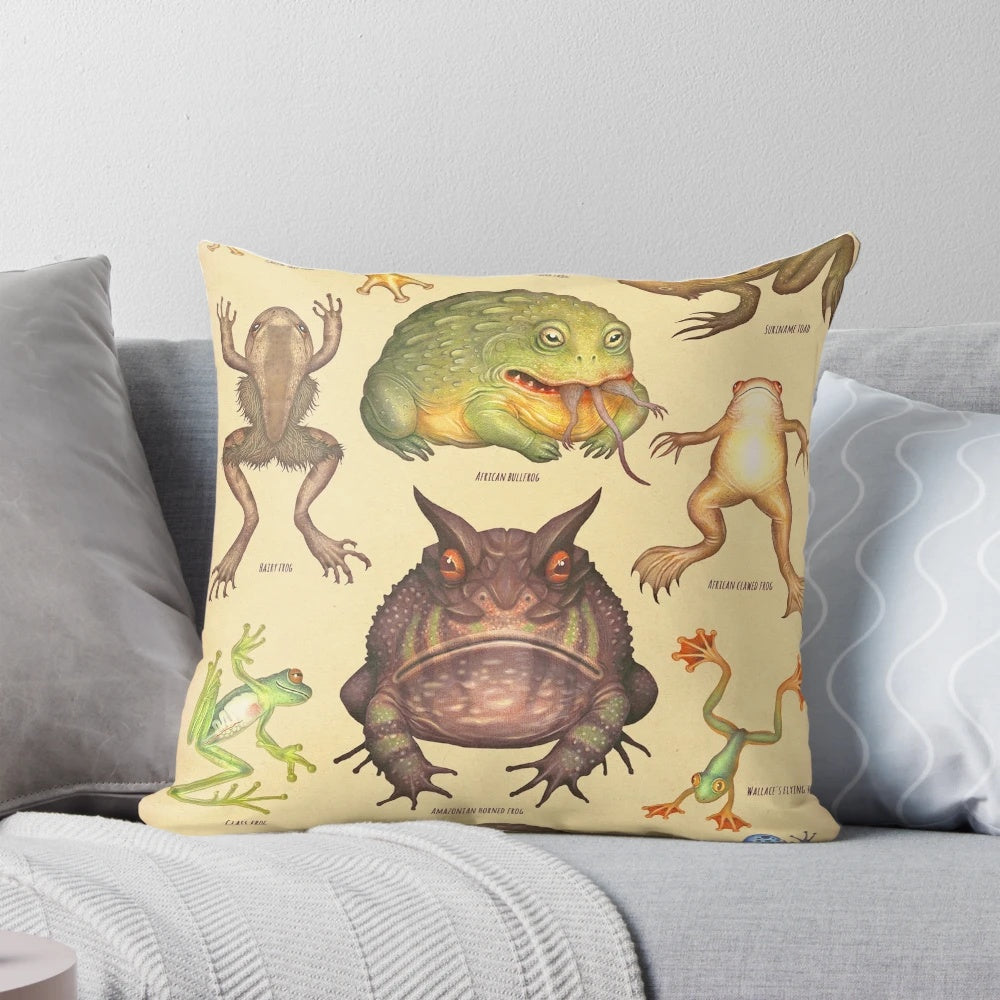 Watercolor painting of a unique and endangered frog species on a decorative throw pillow