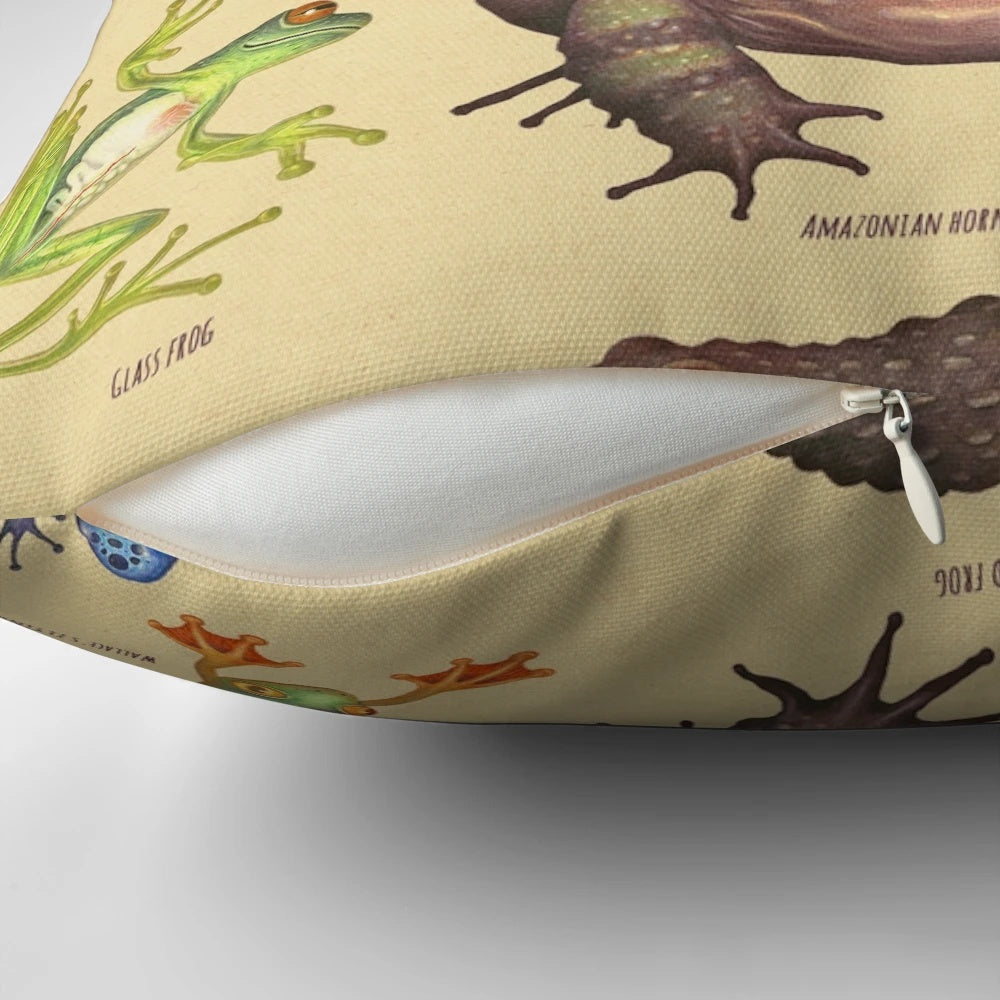 Watercolor painting of a unique and endangered frog species on a decorative throw pillow