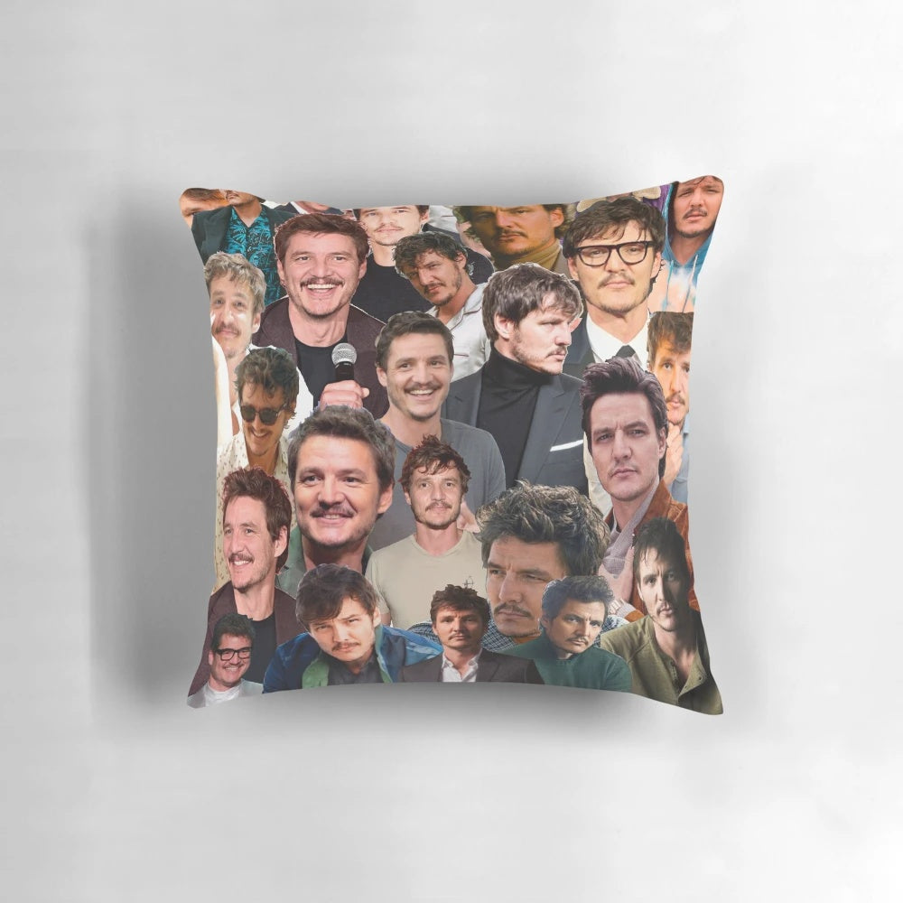 Soft, high-quality pillow with a collage of photos featuring the actor Pedro Pascal