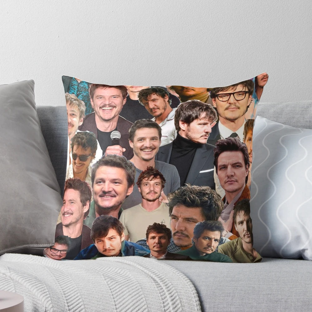 Soft, high-quality pillow with a collage of photos featuring the actor Pedro Pascal