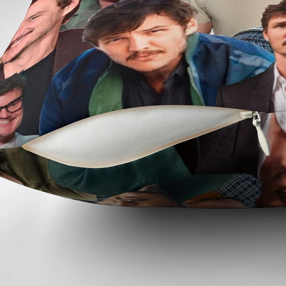 Soft, high-quality pillow with a collage of photos featuring the actor Pedro Pascal