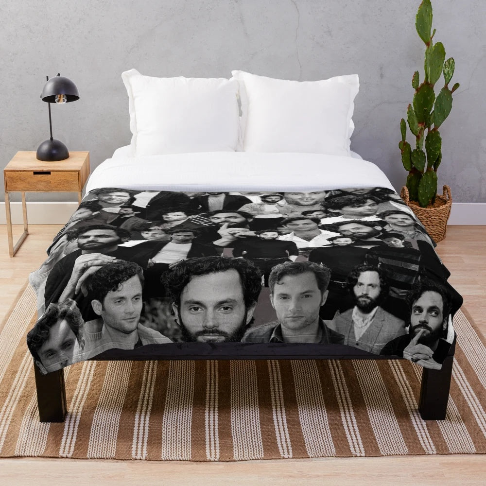 Penn Badgley Black and White Aesthetic Collage Plush Blanket