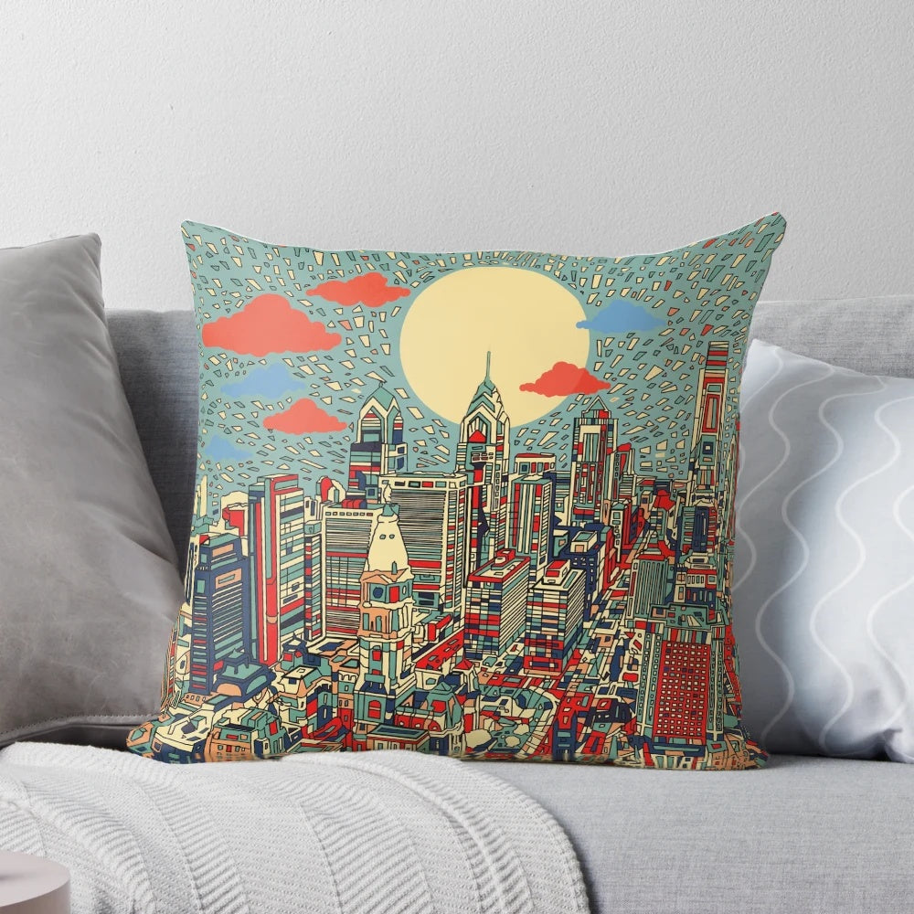 Vibrant Philadelphia cityscape 3D pillow with skyline and architectural elements