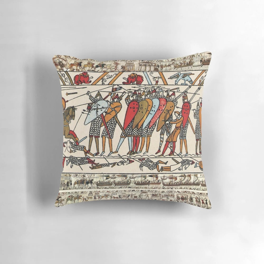 Pillow showcasing the iconic Battle of Hastings from the Bayeux Tapestry, featuring medieval knights on horseback.
