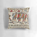 Pillow showcasing the iconic Battle of Hastings from the Bayeux Tapestry, featuring medieval knights on horseback.
