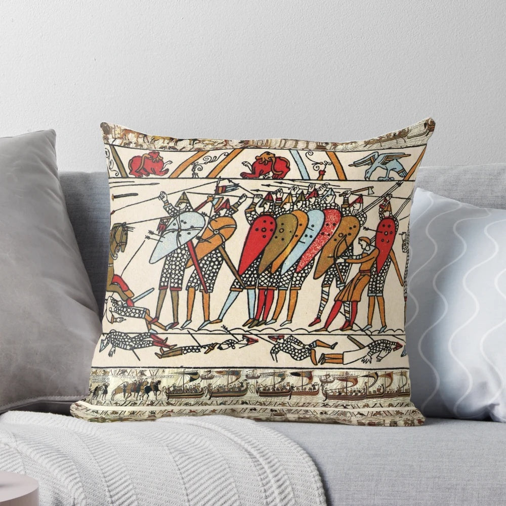 Pillow showcasing the iconic Battle of Hastings from the Bayeux Tapestry, featuring medieval knights on horseback.