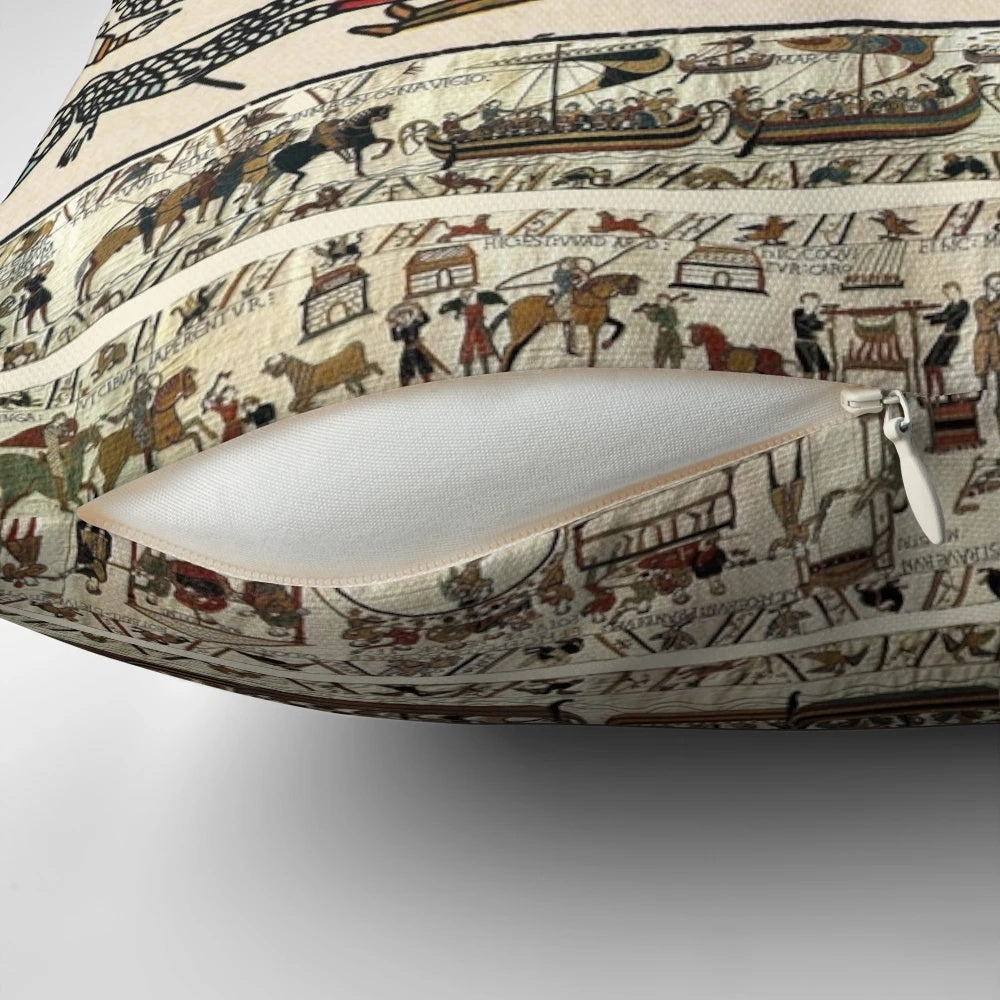 Pillow showcasing the iconic Battle of Hastings from the Bayeux Tapestry, featuring medieval knights on horseback.