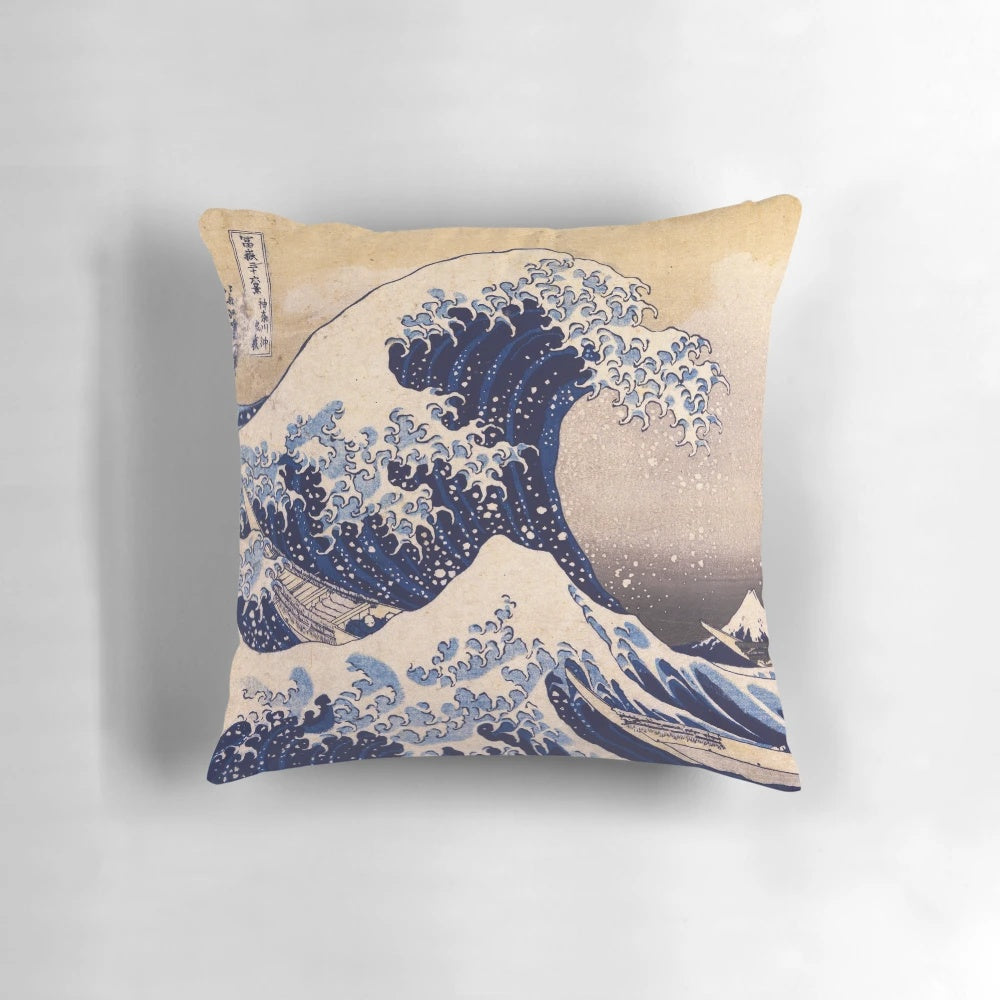 Pillow depicting the iconic "The Great Wave off Kanagawa" painting by the Japanese artist Katsushika Hokusai.