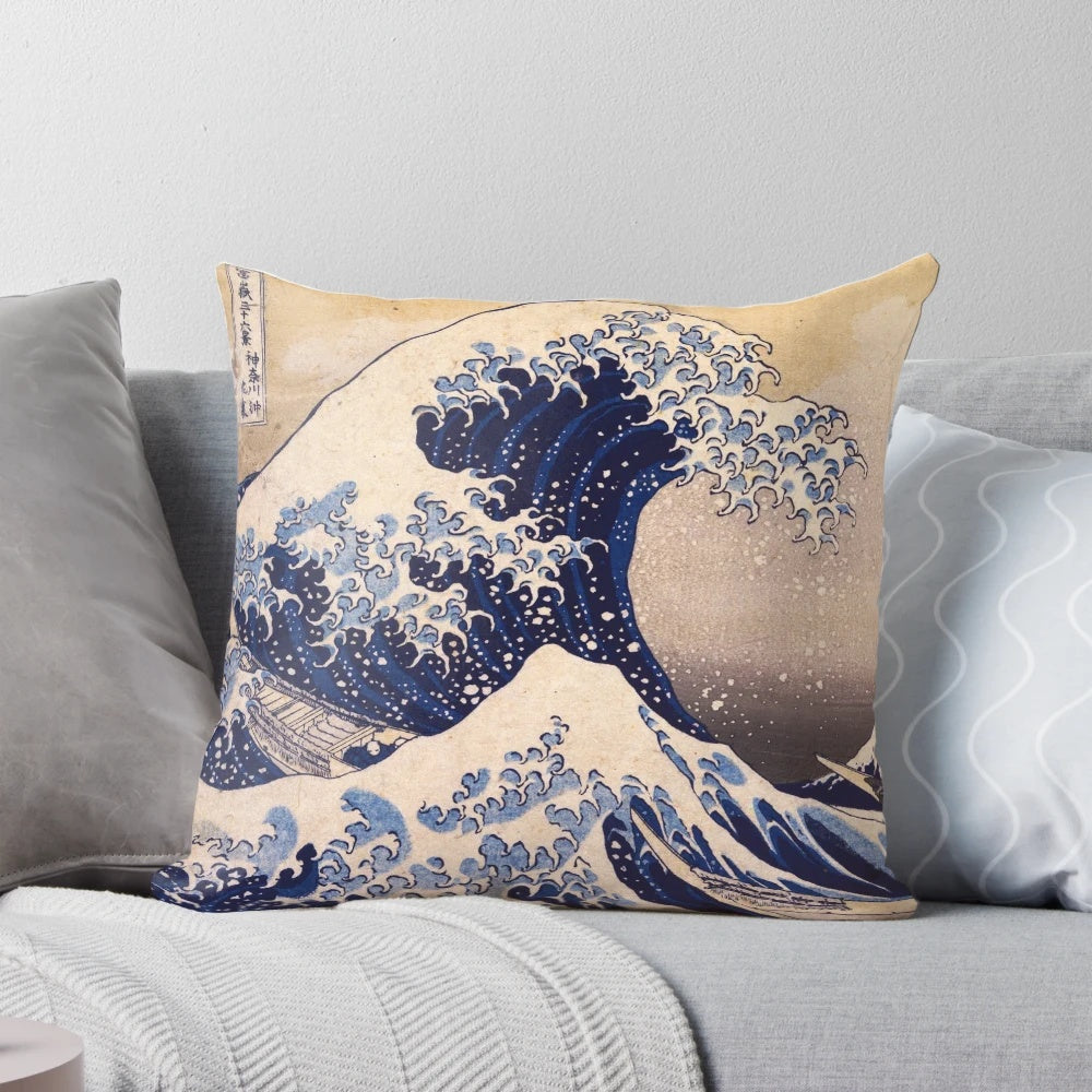 Pillow depicting the iconic "The Great Wave off Kanagawa" painting by the Japanese artist Katsushika Hokusai.