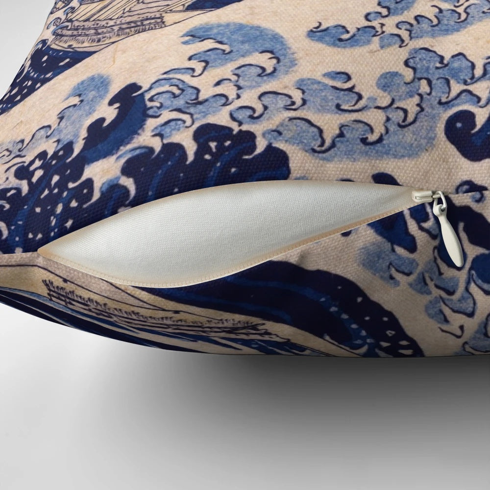 Pillow depicting the iconic "The Great Wave off Kanagawa" painting by the Japanese artist Katsushika Hokusai.