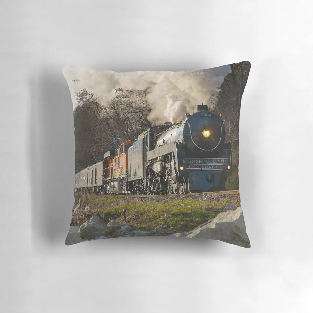 Pillow with an image of the Royal Hudson 2860 steam locomotive arriving at a railway trestle in the coastal town of White Rock, British Columbia.