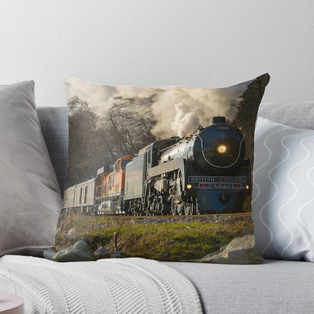 Pillow with an image of the Royal Hudson 2860 steam locomotive arriving at a railway trestle in the coastal town of White Rock, British Columbia.