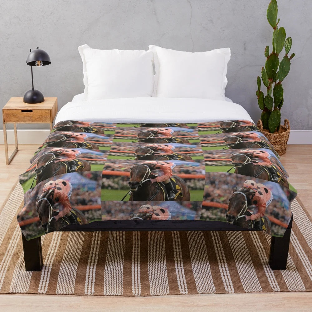 Plush blanket depicting legendary Australian racehorse Black Caviar