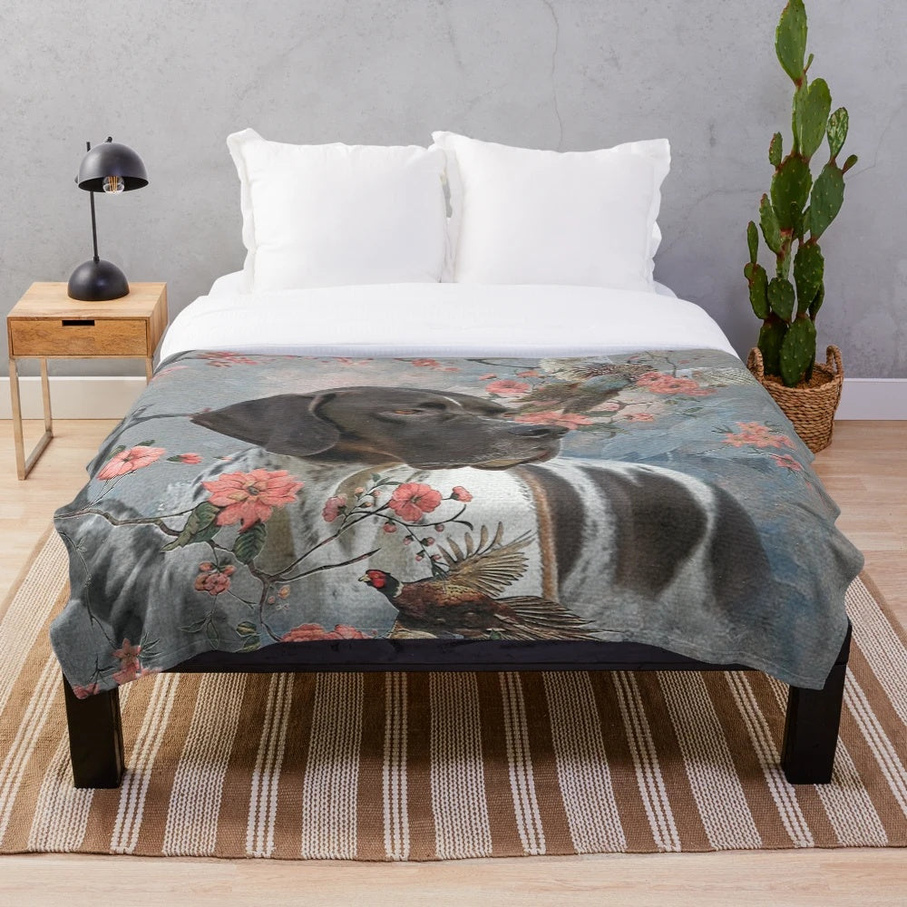 Plush blanket with a beautiful pointer and pheasants