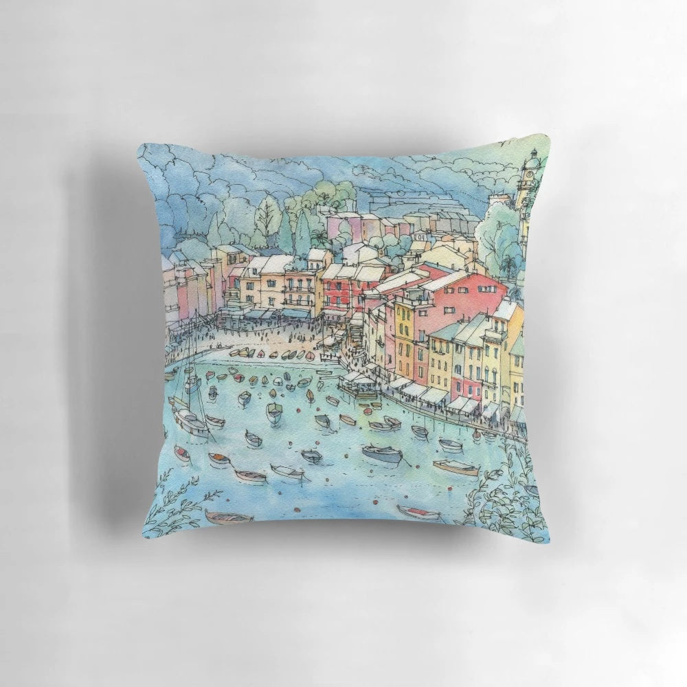 Vibrant pillow design featuring the picturesque coastal town of Portofino, Italy