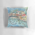 Vibrant pillow design featuring the picturesque coastal town of Portofino, Italy