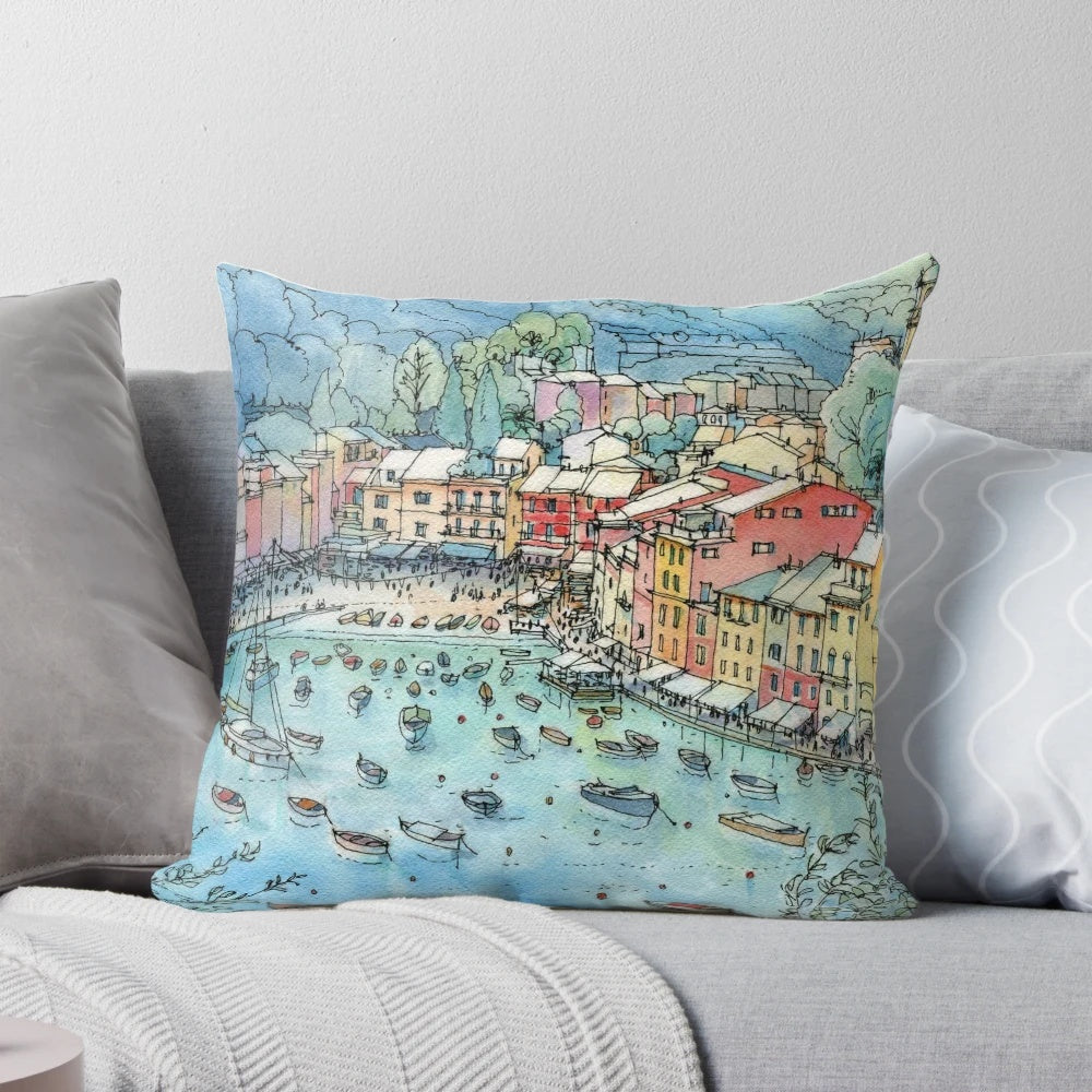 Vibrant pillow design featuring the picturesque coastal town of Portofino, Italy