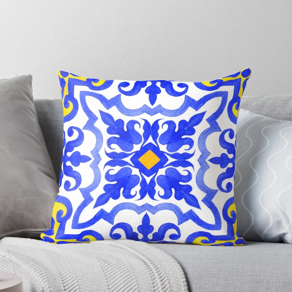 Vibrant blue and white Portuguese azulejo tile patterns with a seamless, vintage mosaic design.
