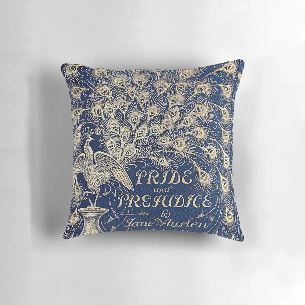Decorative throw pillow featuring the iconic peacock book cover design of Jane Austen's classic novel Pride and Prejudice