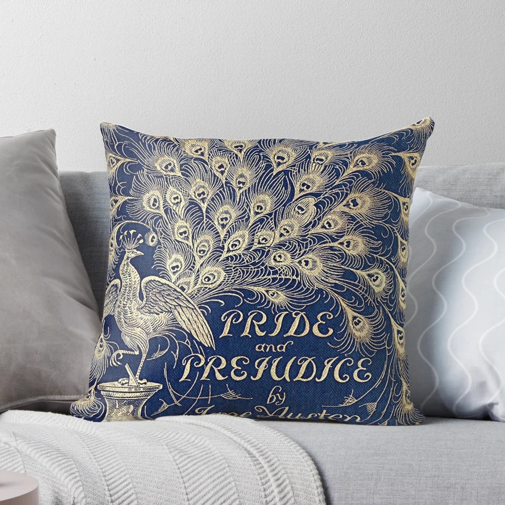 Decorative throw pillow featuring the iconic peacock book cover design of Jane Austen's classic novel Pride and Prejudice
