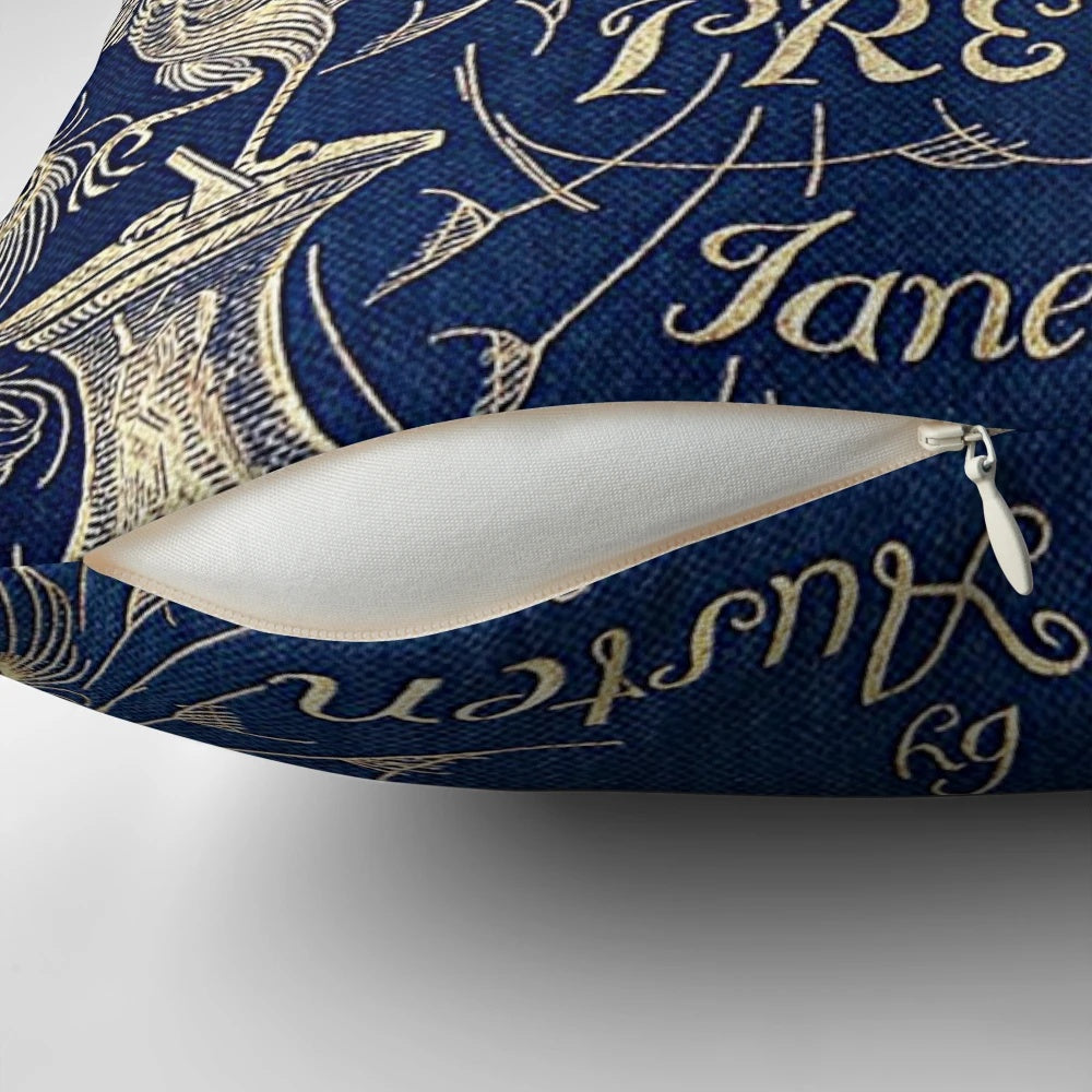 Decorative throw pillow featuring the iconic peacock book cover design of Jane Austen's classic novel Pride and Prejudice