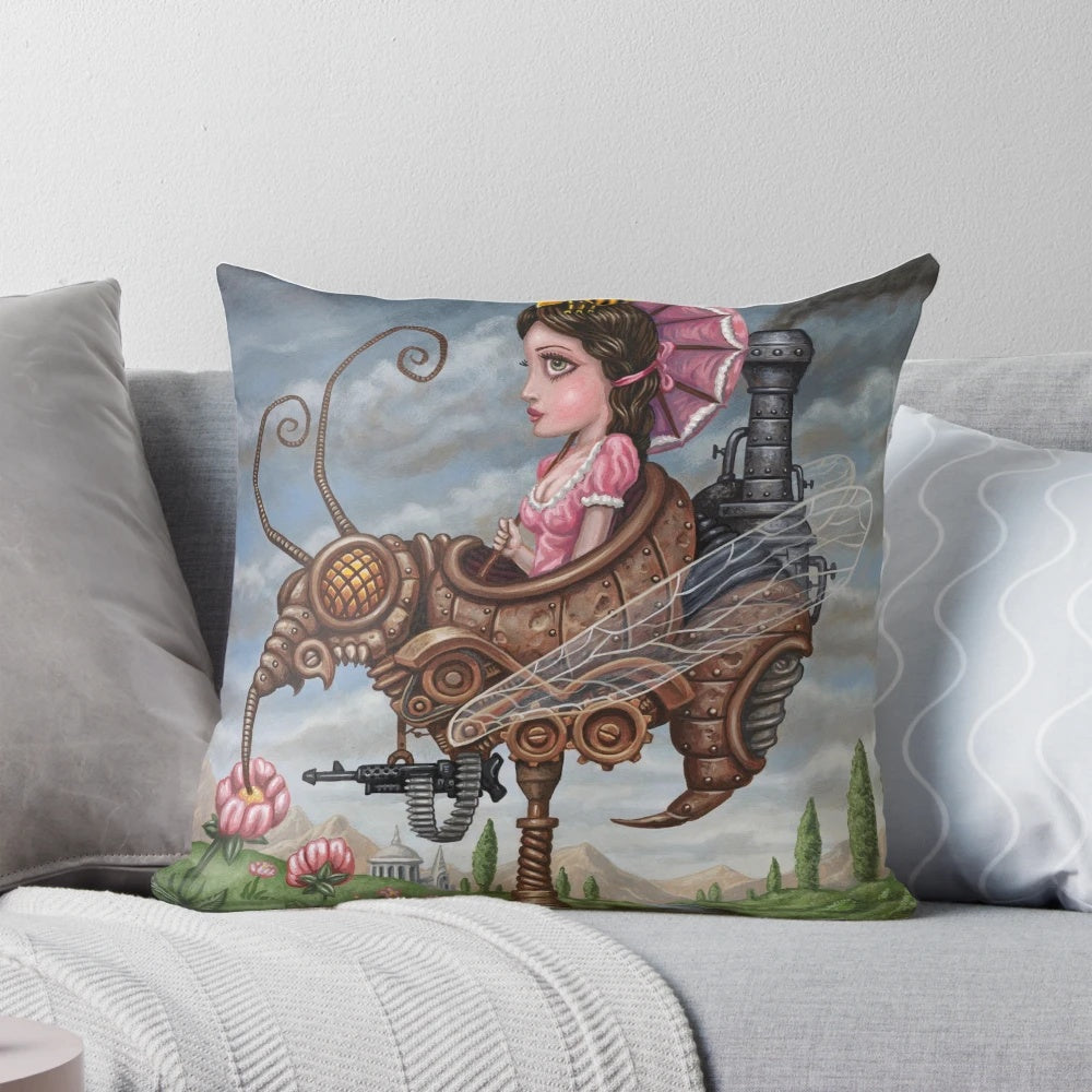 Artfully designed Queen Wasp pillow featuring a biomechanical, steampunk-inspired motif by renowned artist Mark Ryden.