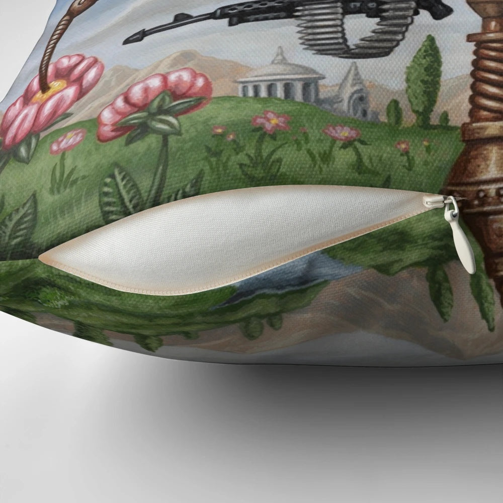 Artfully designed Queen Wasp pillow featuring a biomechanical, steampunk-inspired motif by renowned artist Mark Ryden.