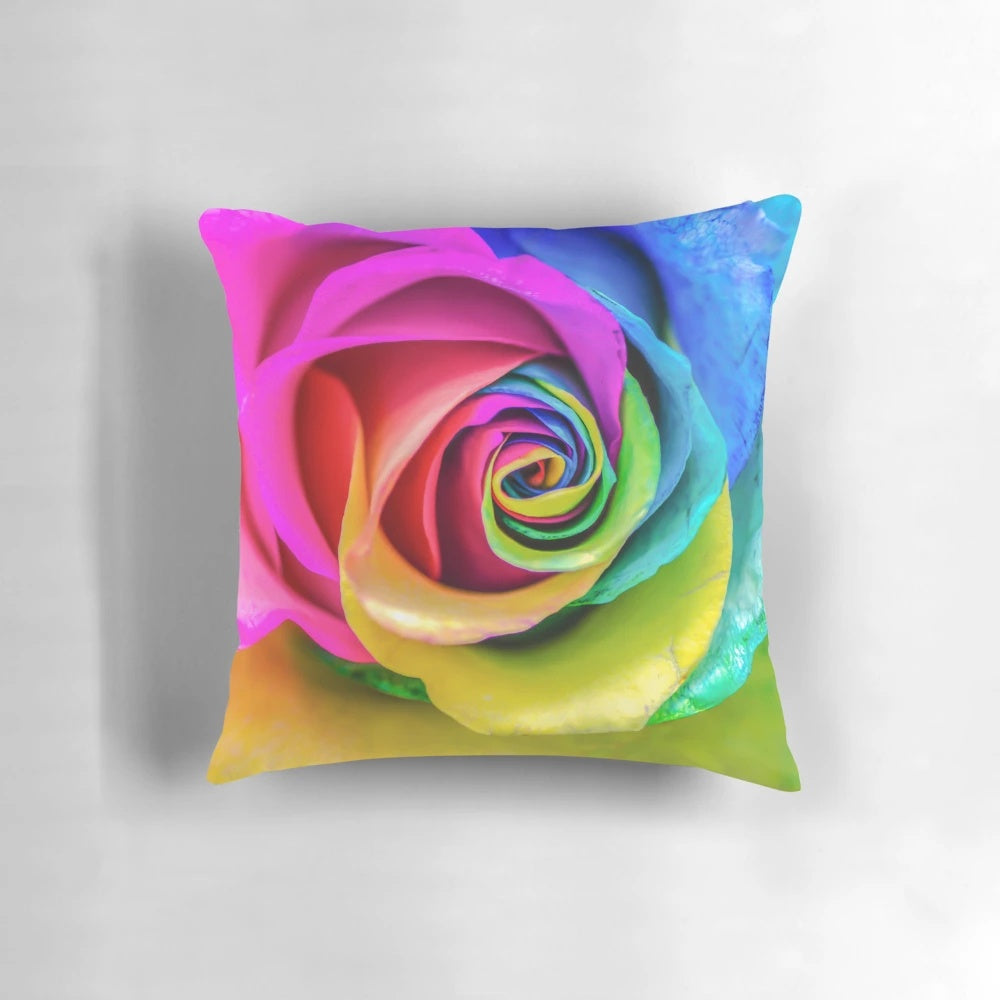 Stunning close-up macro photography of a vibrant, multicolored rainbow rose flower.
