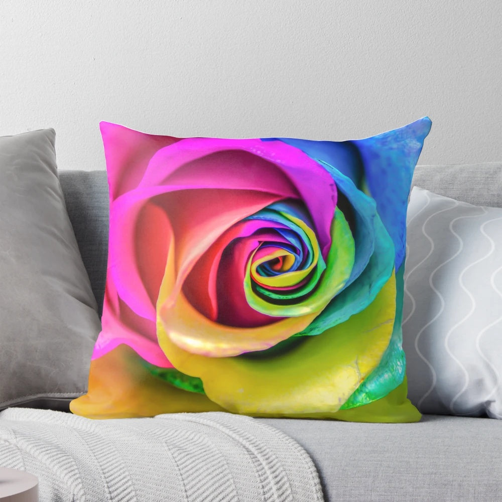 Stunning close-up macro photography of a vibrant, multicolored rainbow rose flower.