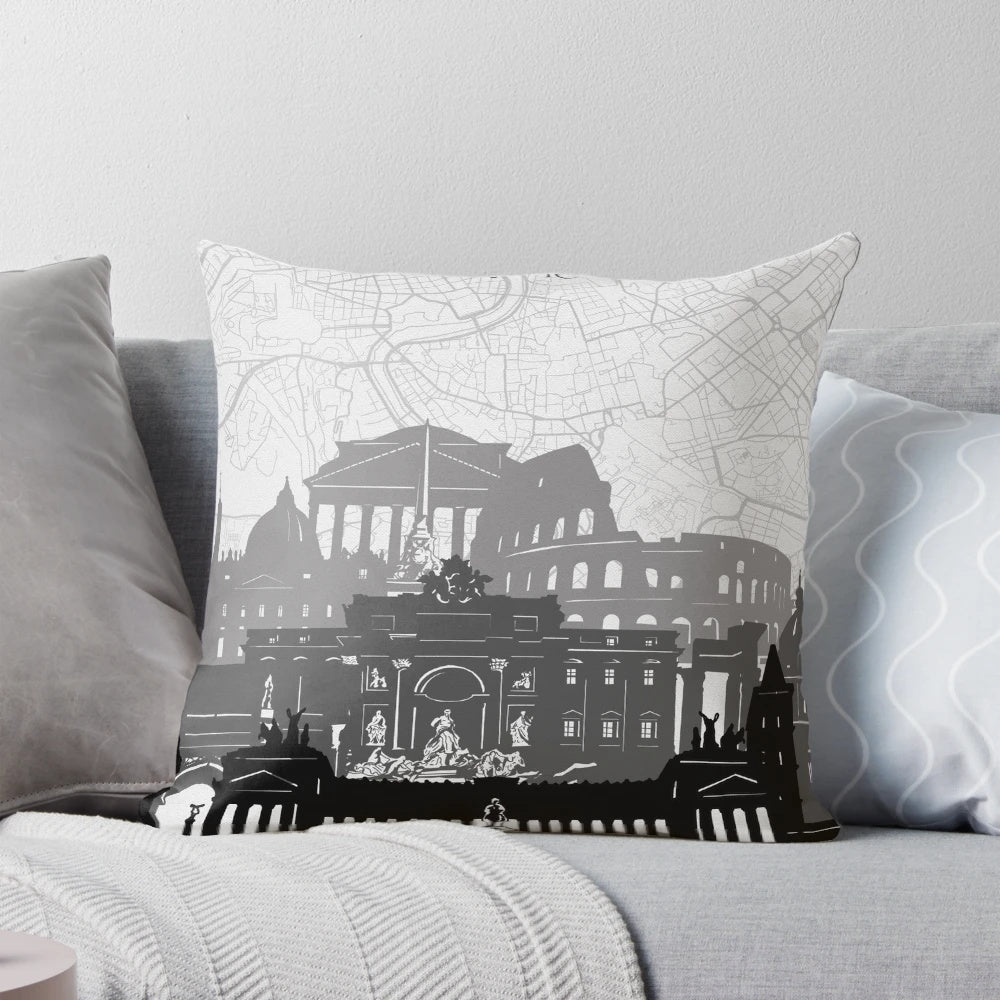 Vibrant Rome skyline pillow featuring iconic landmarks and architecture