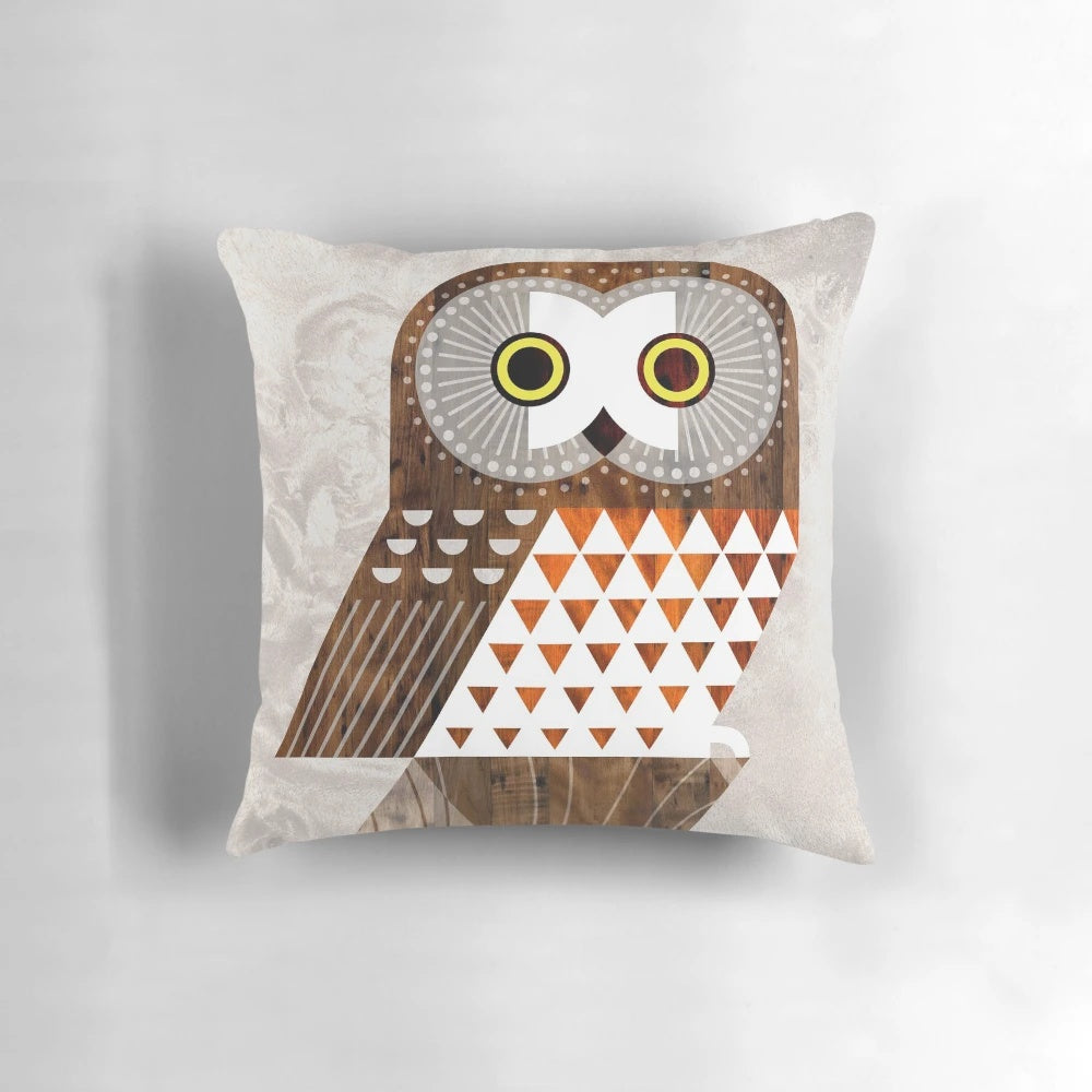 Captivating Saw Whet Owl graphic illustration printed on a plush, cozy pillow
