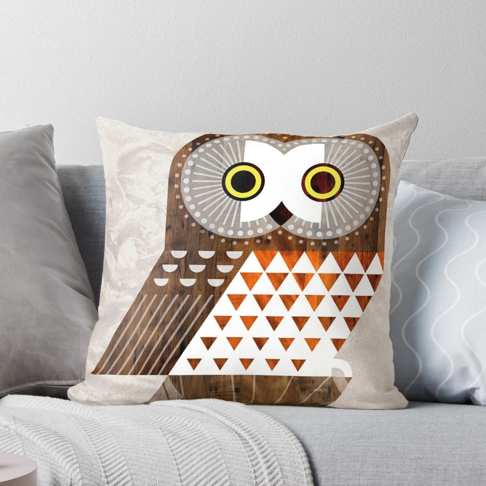 Captivating Saw Whet Owl graphic illustration printed on a plush, cozy pillow