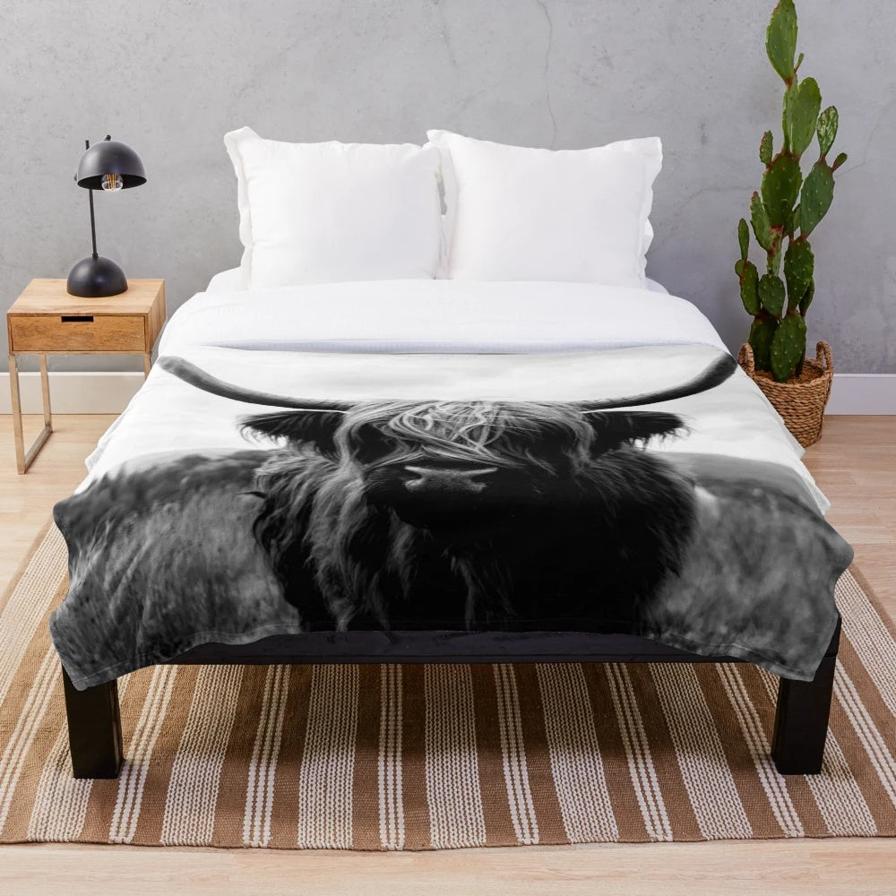 Scottish Highland Cattle in Black and White Photography Plush Blanket