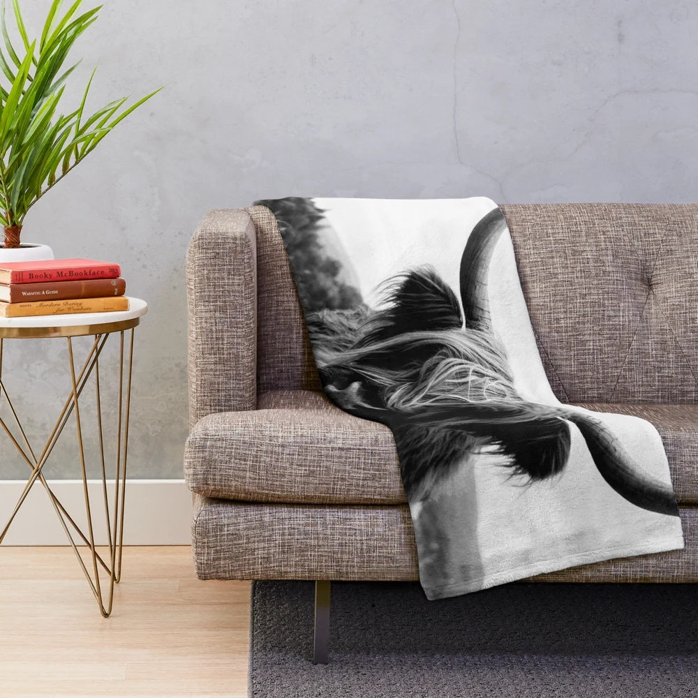 Scottish Highland Cattle in Black and White Photography Plush Blanket