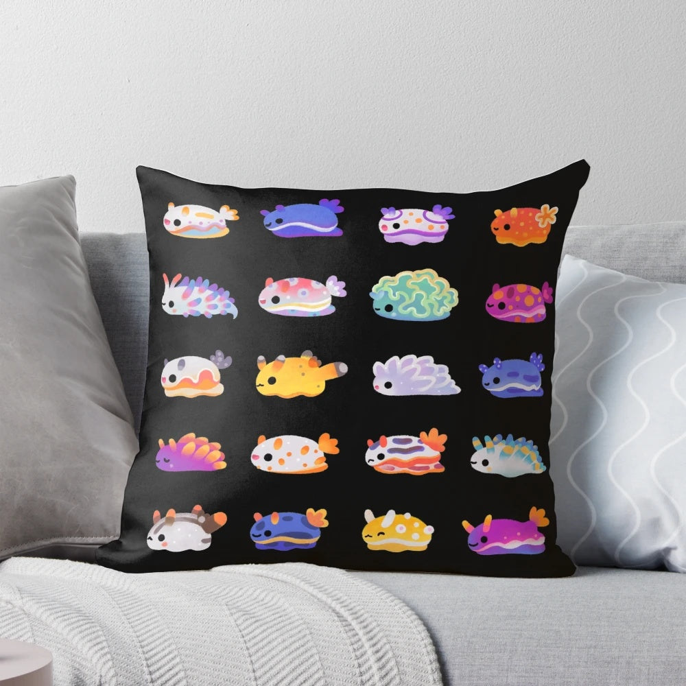 Colorful sea slug printed on a soft, plush pillow