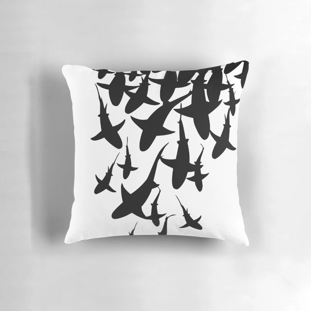 Beautifully designed shark-themed pillow with a black and white pattern