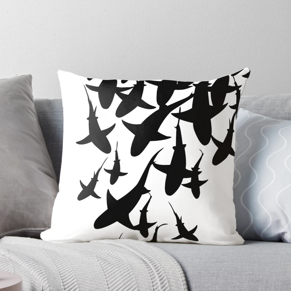 Beautifully designed shark-themed pillow with a black and white pattern