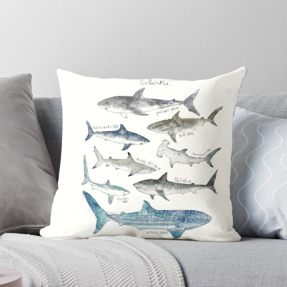Decorative pillow featuring a vibrant shark design, perfect for adding a touch of ocean-inspired style to any room.