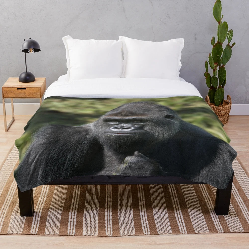 Silverback gorilla portrait printed on a soft, cozy plush blanket