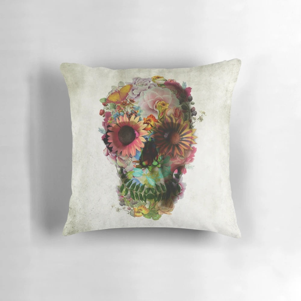 Intricately designed skull-themed throw pillow with floral pattern, perfect for adding a touch of gothic style to your living space.