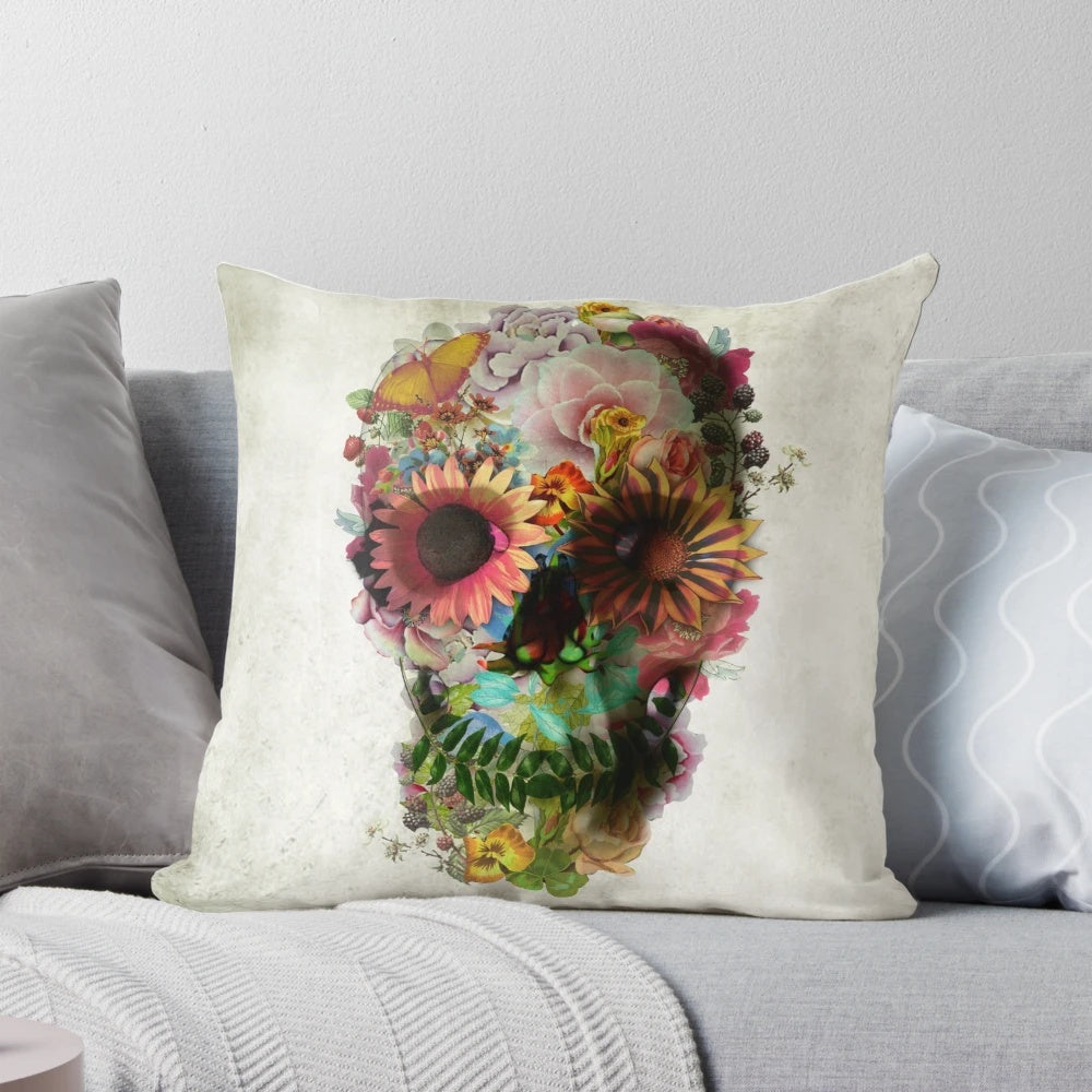 Intricately designed skull-themed throw pillow with floral pattern, perfect for adding a touch of gothic style to your living space.