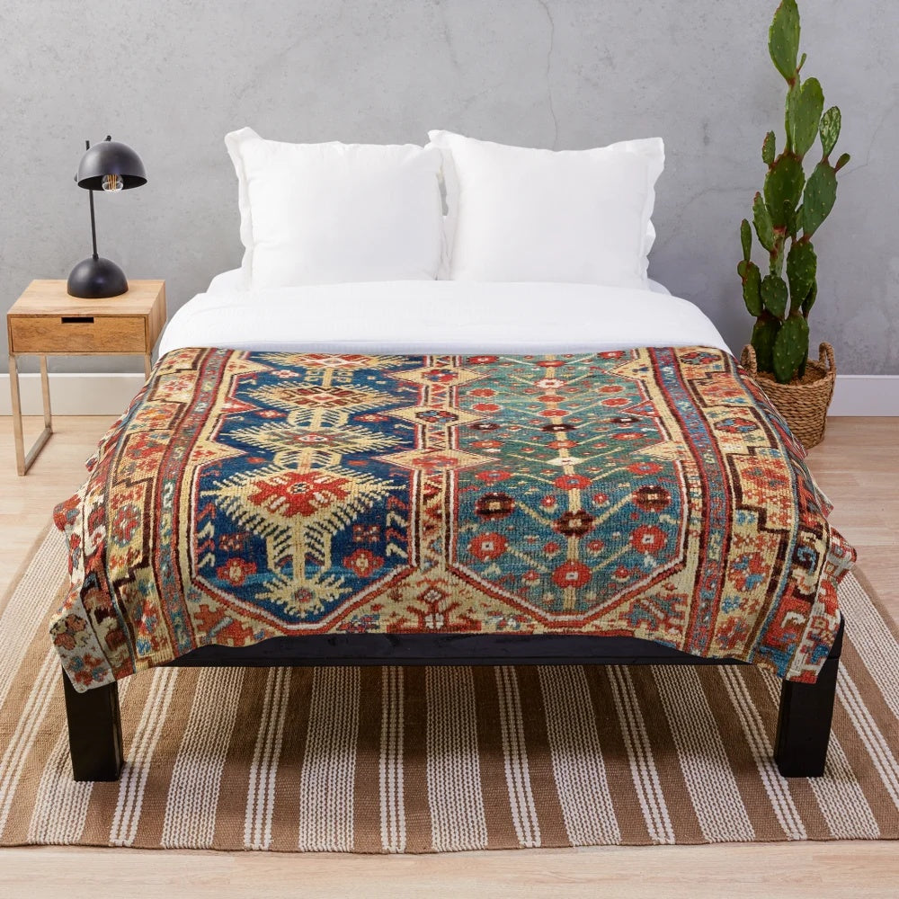 Southwest Anatolian inspired plush blanket with geometric and tribal patterns