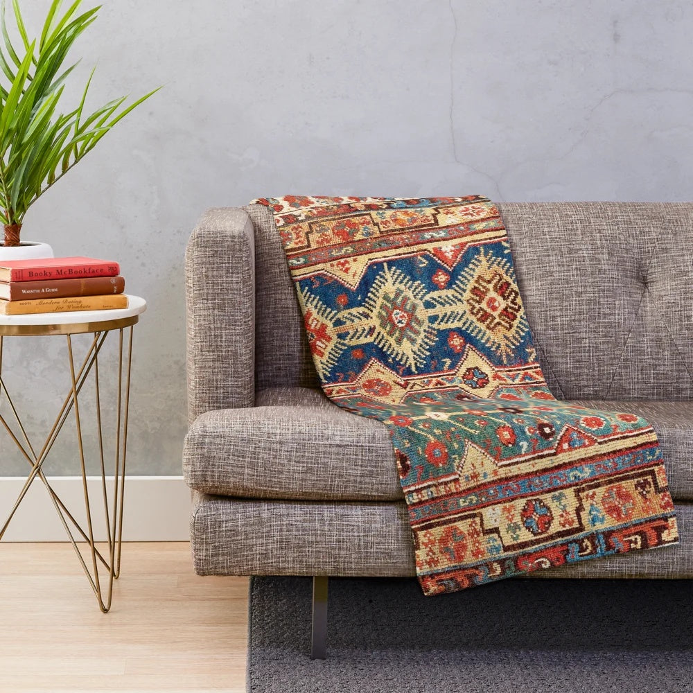 Southwest Anatolian inspired plush blanket with geometric and tribal patterns