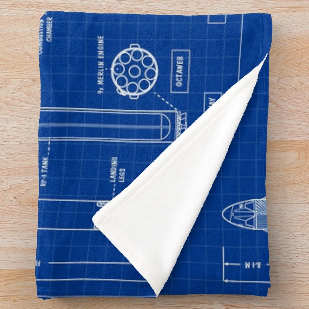 SpaceX Falcon 9 and Crew Dragon Plush Blanket with Blueprint Design