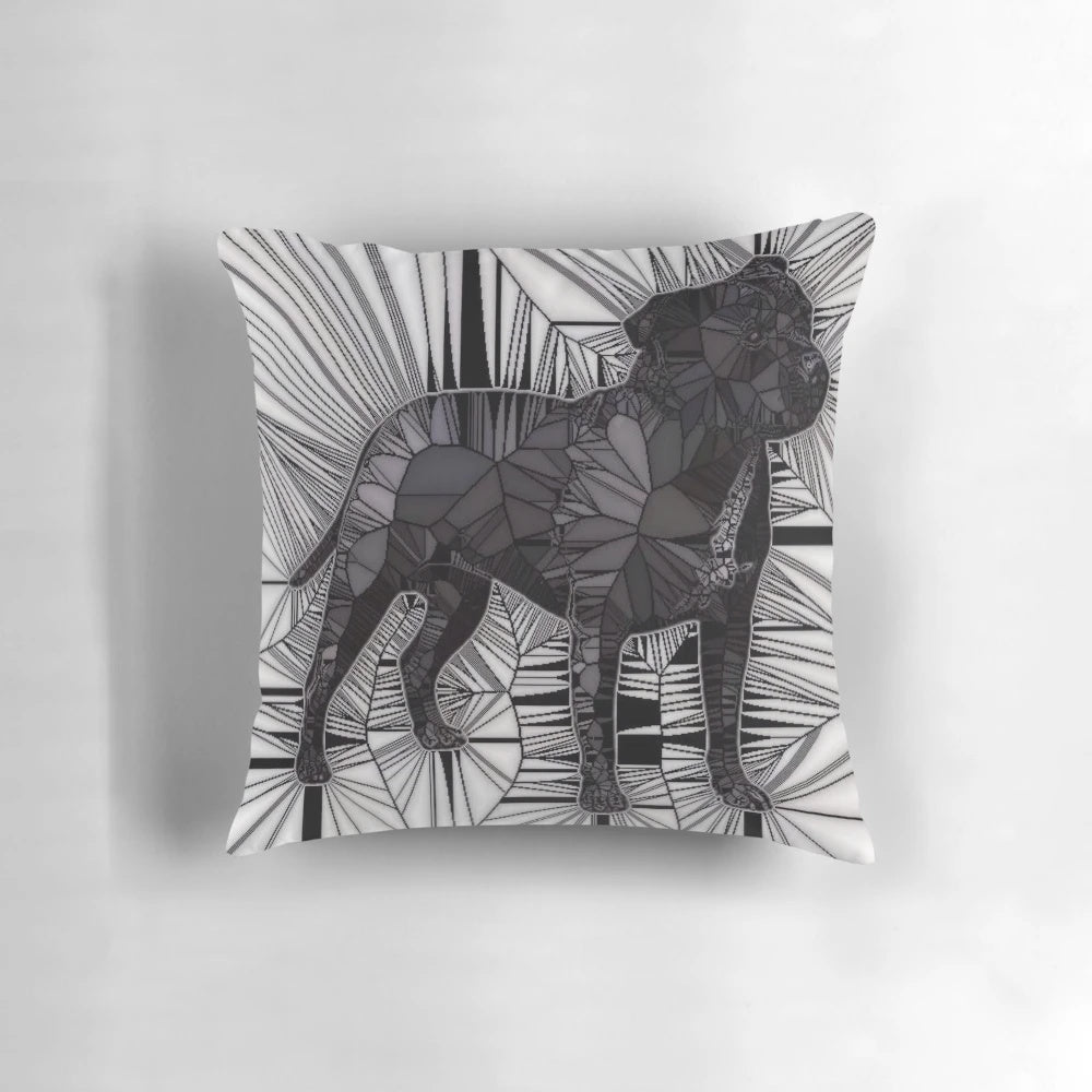 A vibrant mosaic-style image of a Staffordshire Bull Terrier dog printed on a plush pillow.