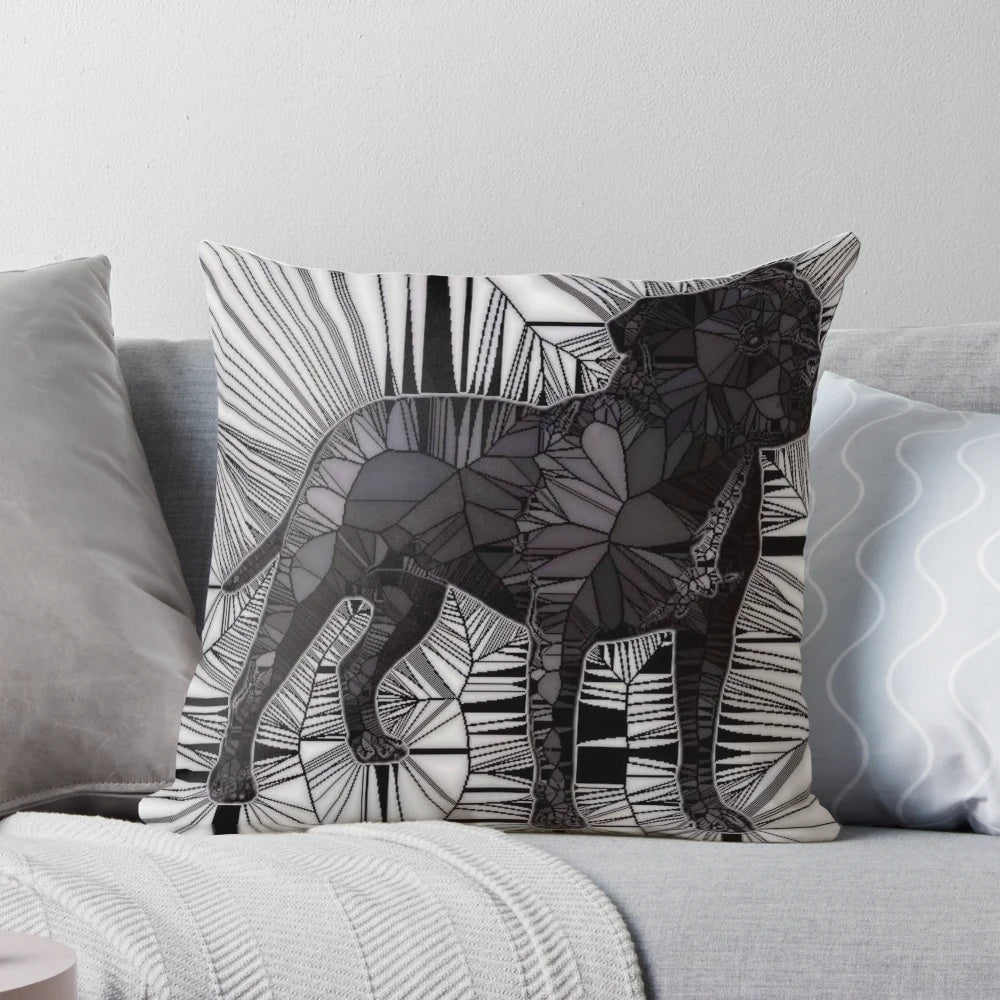 A vibrant mosaic-style image of a Staffordshire Bull Terrier dog printed on a plush pillow.