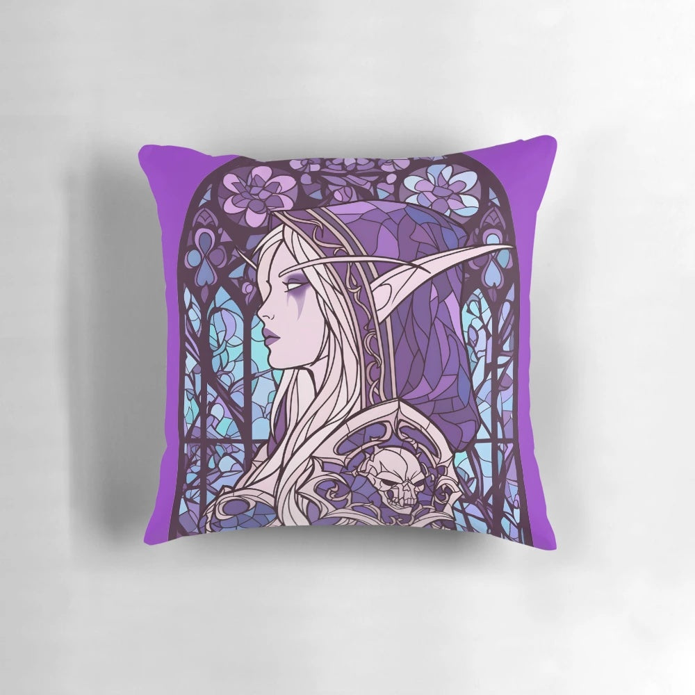 Stained glass depiction of Sylvanas Windrunner, the powerful dark elf from World of Warcraft