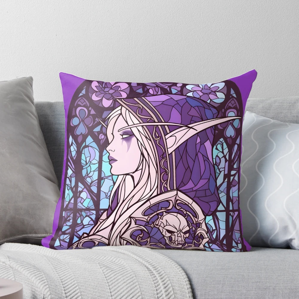 Stained glass depiction of Sylvanas Windrunner, the powerful dark elf from World of Warcraft